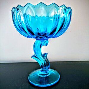 Vintage Indiana Glass Blue Tulip/Lotus Pedestal Compote Bowl